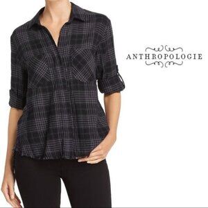 Anthropologie Bella Dahl Small Plaid Flannel Button Top Blouse Shirt Black Gray